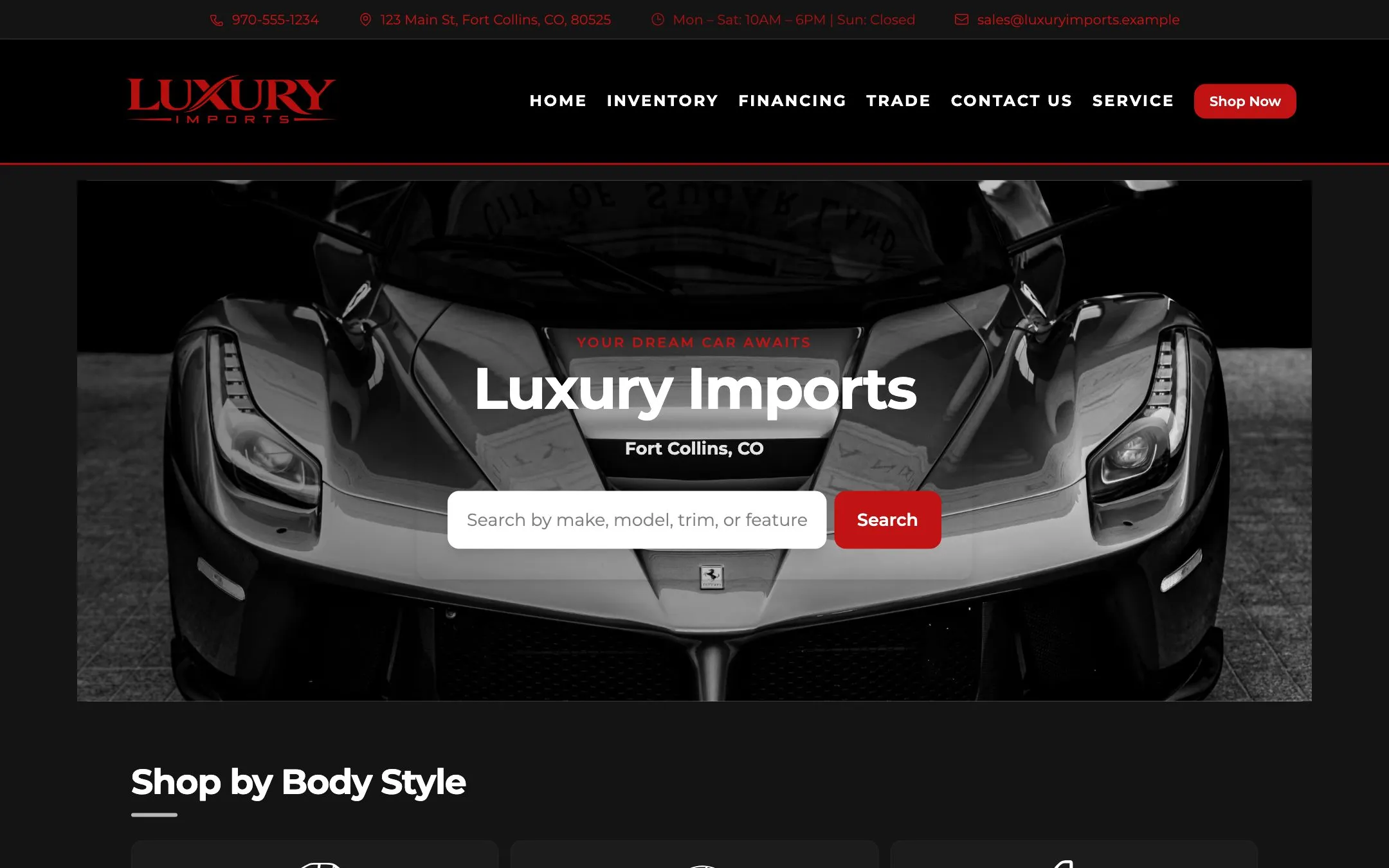 Luxury Imports example site homepage