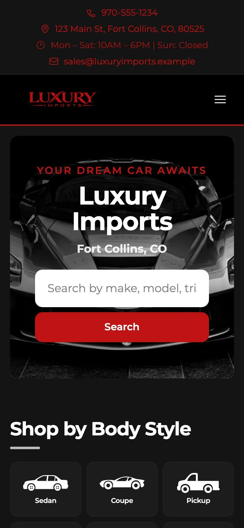Luxury Imports example site on a phone