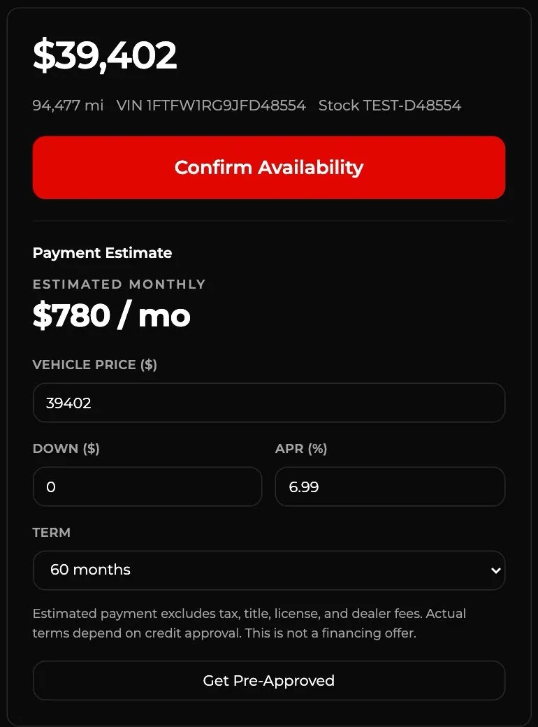 Payment estimate panel on a Redline Motors demo vehicle page