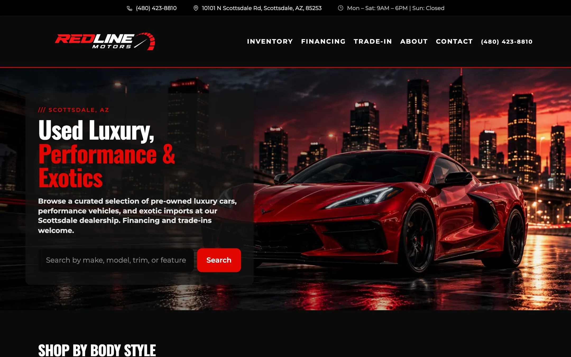 Redline Motors example site homepage