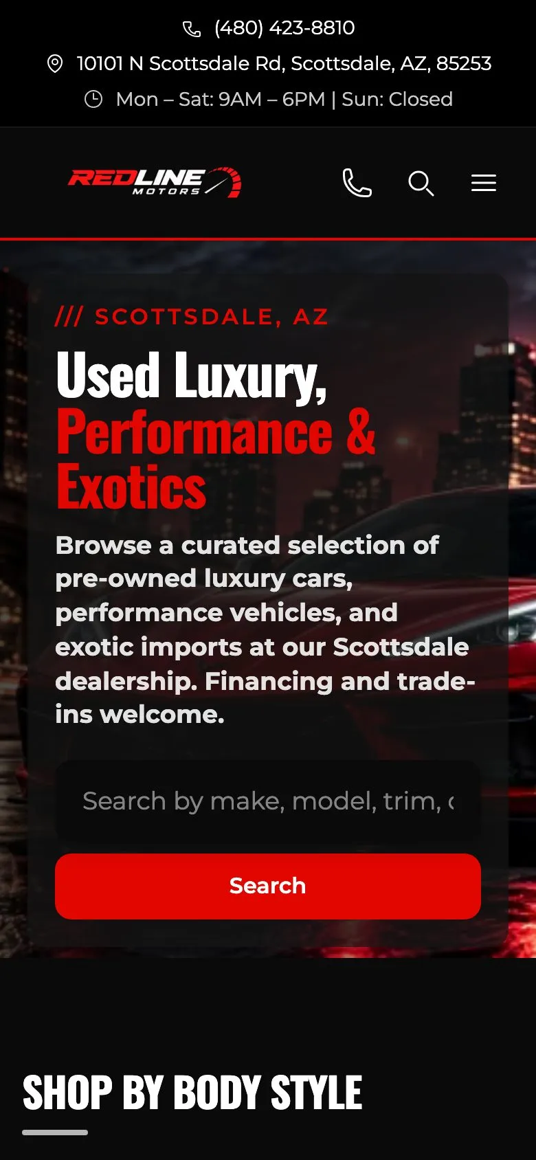 Redline Motors example site on a phone