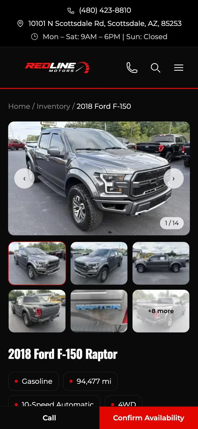 Redline Motors demo vehicle page on a phone with Call and Confirm Availability buttons