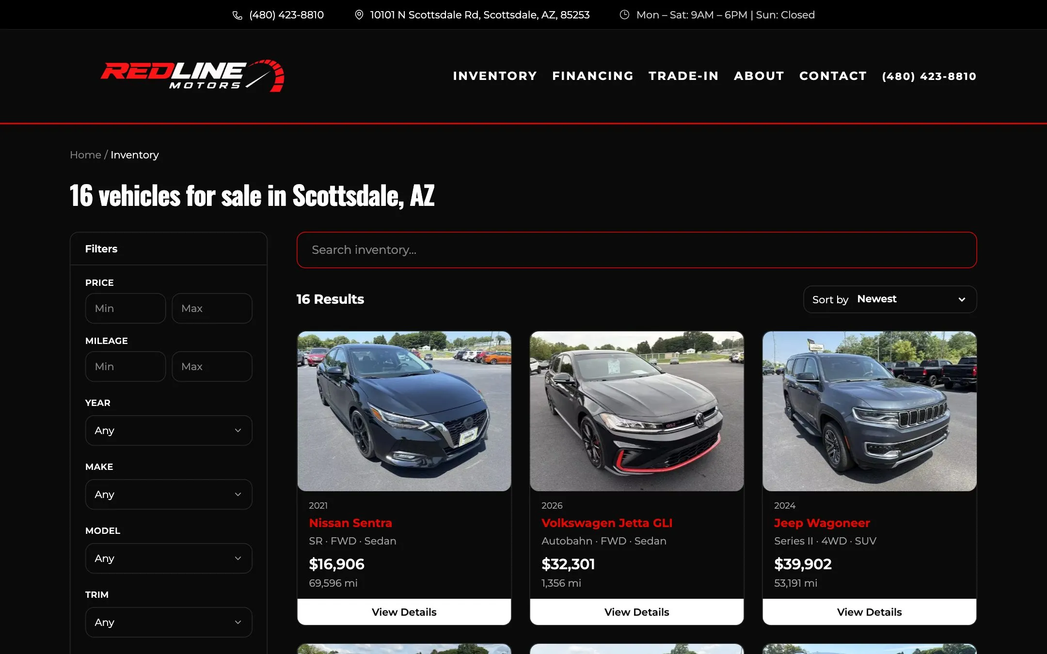Redline Motors inventory page with filters on the left